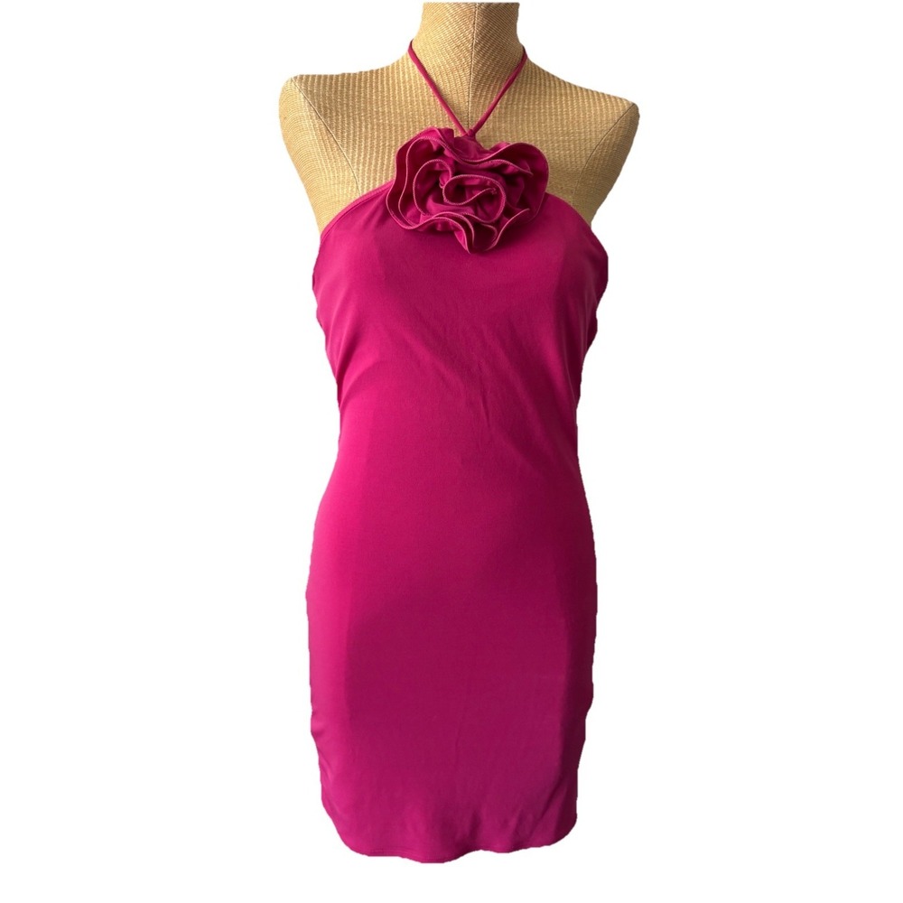 Y2K Forever 21 Hot Pink Fuchsia Halter Bodycon Dress 3D Rose Appliqué Large Nwt